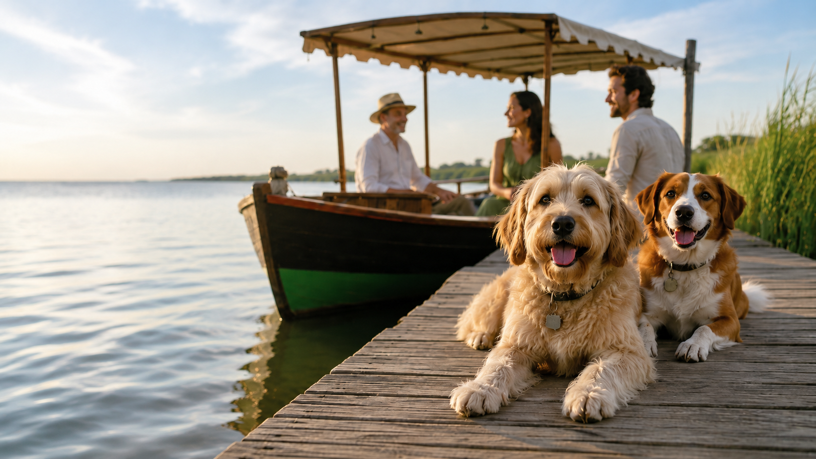 Perros disfrutando en el embarcadero junto a una barca tradicional en la Albufera