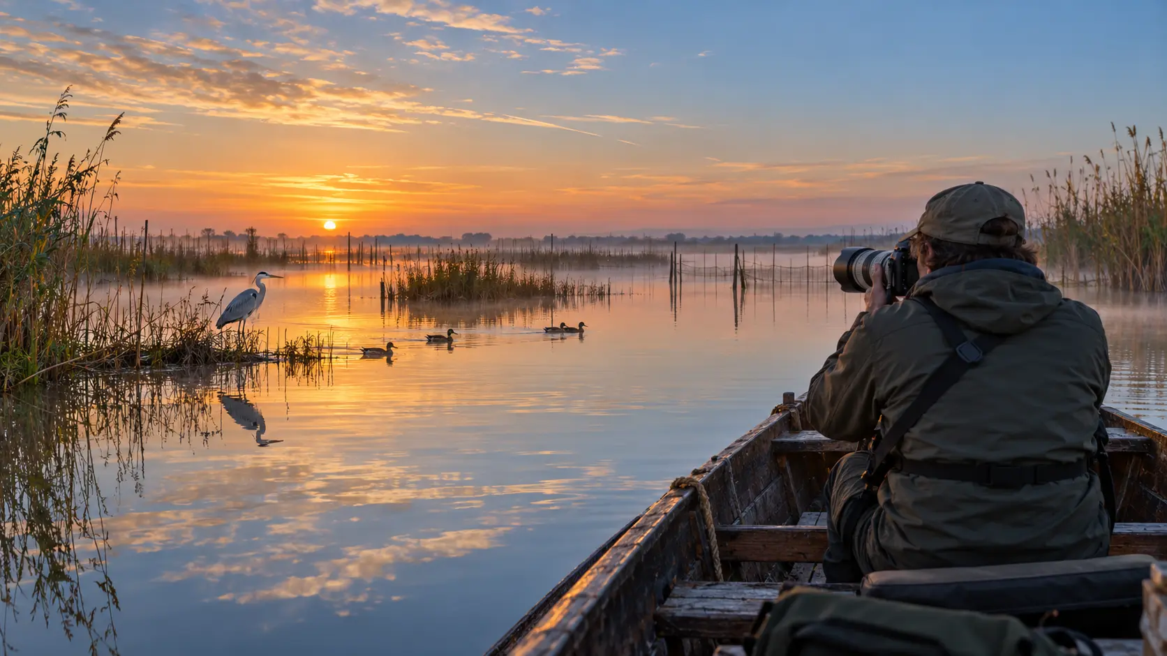 Fotógrafo de naturaleza en una barca tradicional al amanecer en la Albufera