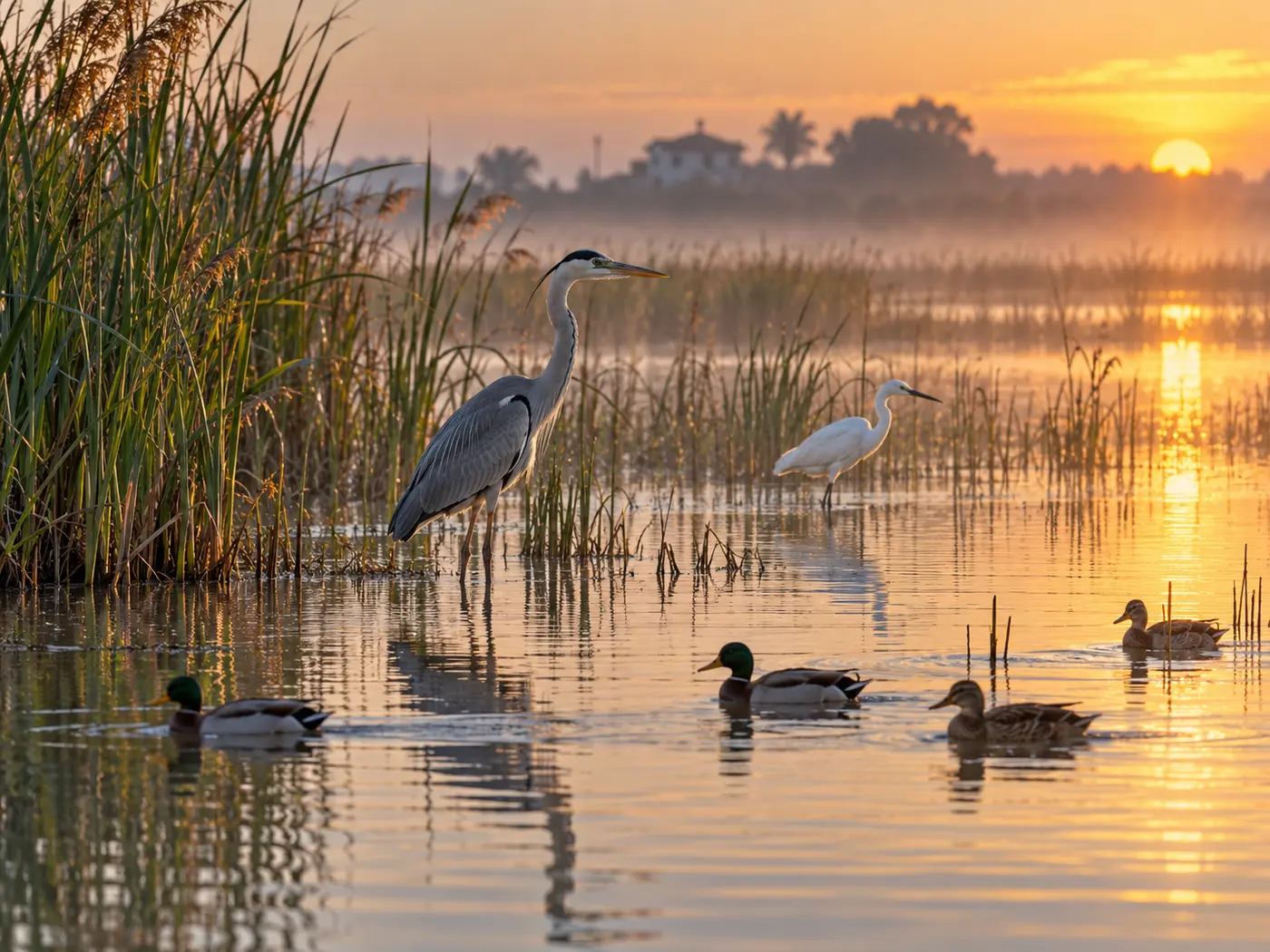 Garza, garceta y patos entre los carrizos de la Albufera al amanecer