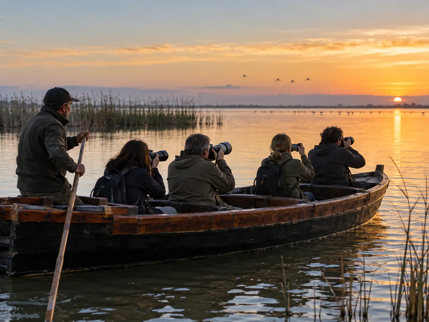 Grupo reducido fotografiando aves desde una barca en la Albufera